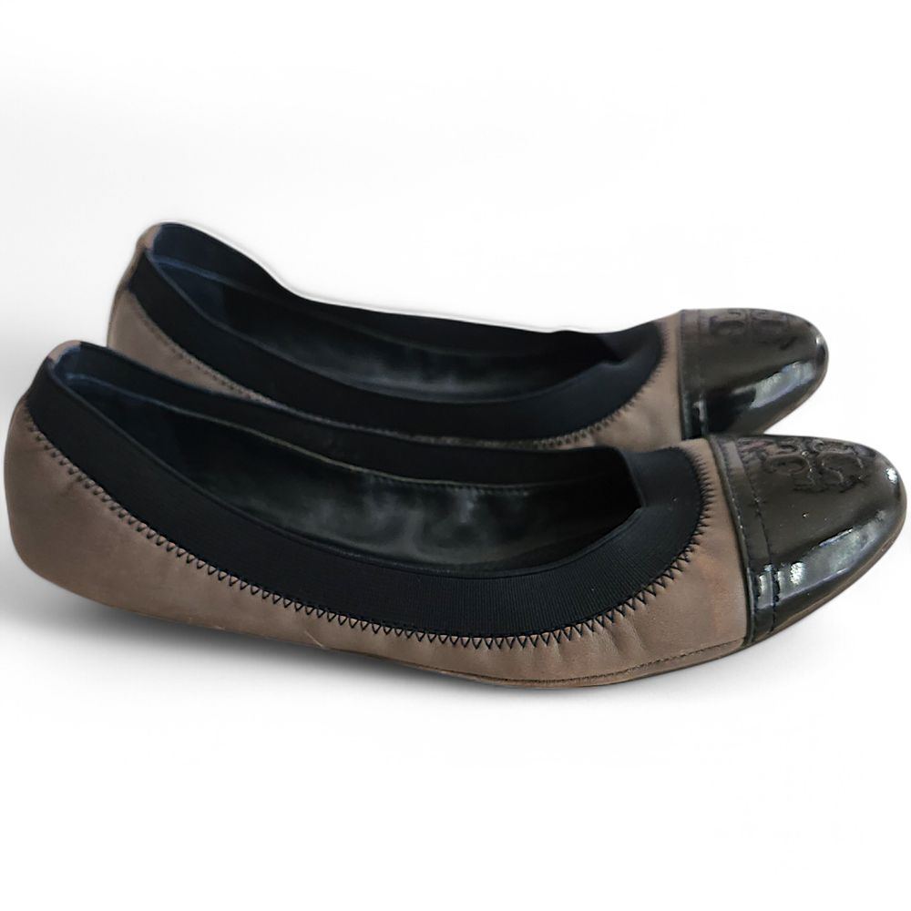 Tory Burch Gabby Scrunch Ballet Flats 6M ‎ Grey Blue Leather And Elastic Casual